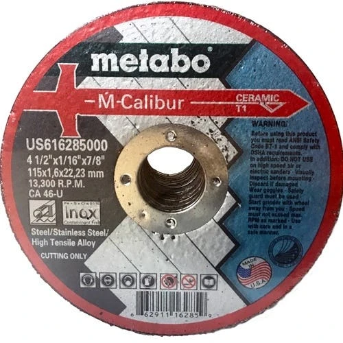 Metabo Tools Metabo Type 1 M-Calibur CA46U 4-1/2" X 1/16" X 7/8" Cutting Wheel For Stainless Steel US616285000 3 Metabo Tools Metabo Type 1 M-Calibur CA46U 4-1/2" X 1/16" X 7/8" Cutting Wheel For Stainless Steel US616285000